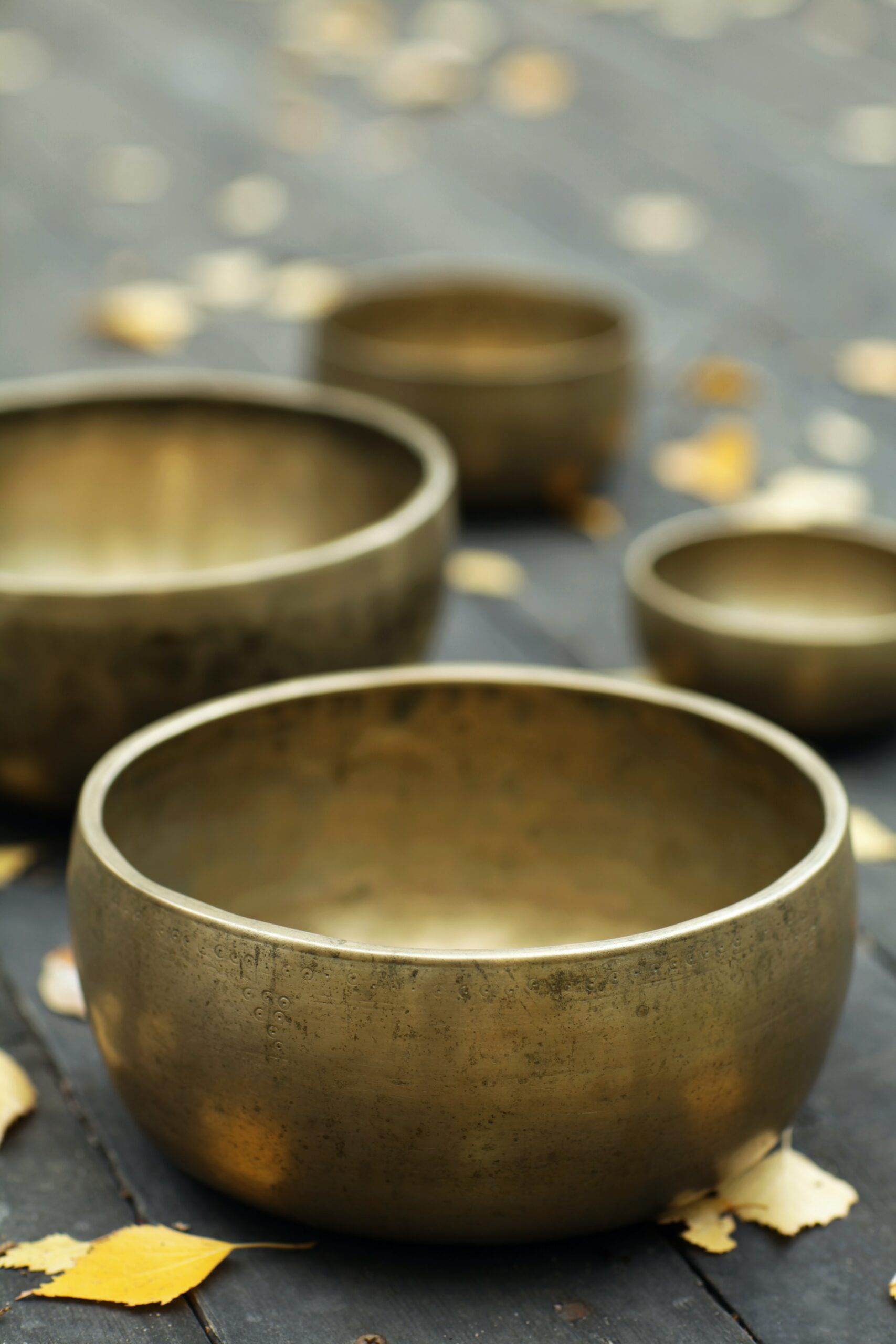 Himalayan singing bowls used during a calming sound healing session