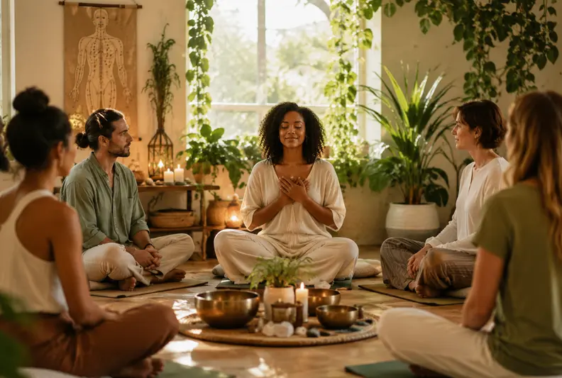 A small wellness group gathering in a calm room